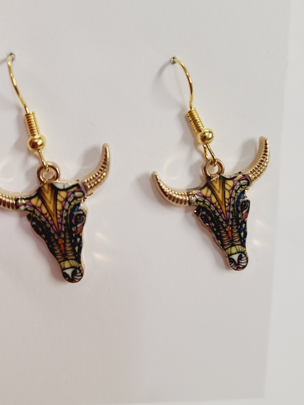 Gold Tone Multicolor Bull Skull Earrings
